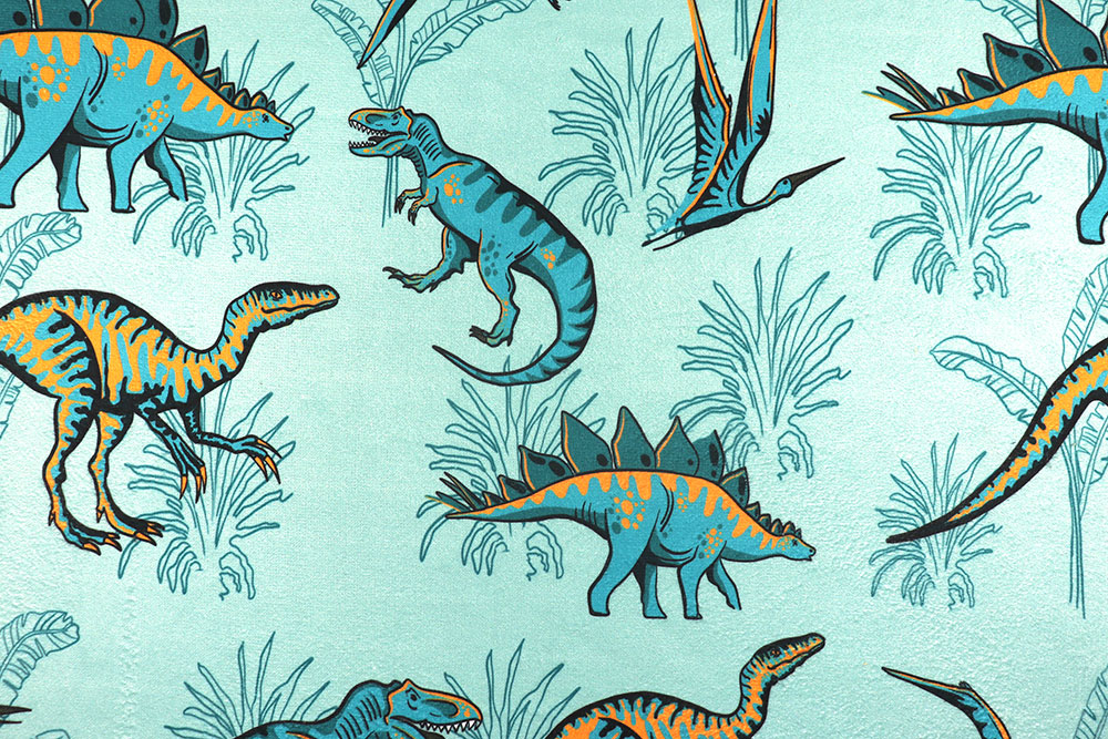 Bunte Dinosaurier auf leicht frottiertem Stoff – perfekt für kreative Strandtücher und sommerliche Accessoires! Bk7826 Strandtuchstoff Dinosaurier S4 Frottee Stoff Strandtuch Stoff - Jurassic Dinos