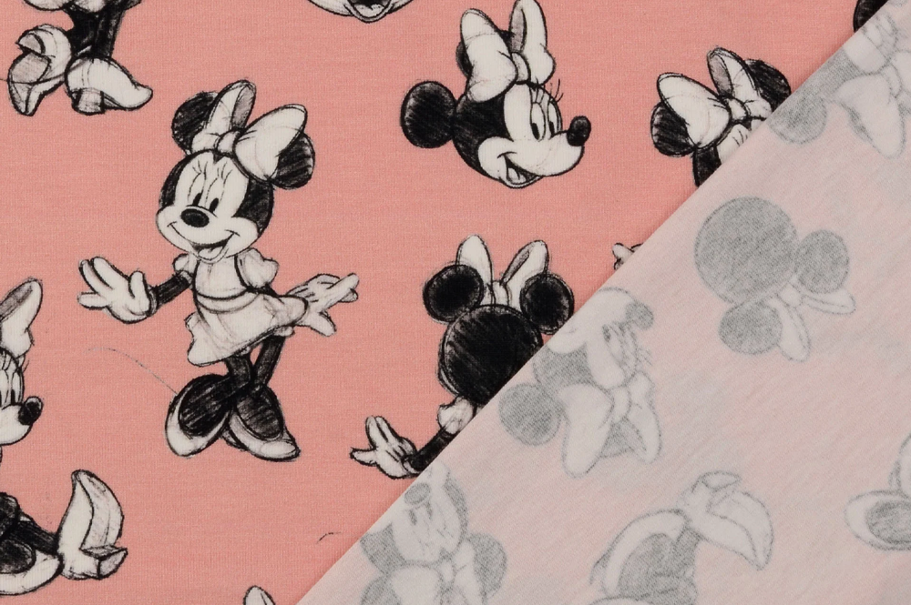 Jersey mit Minnie-Maus-Motiv in Skizzenoptik auf Rosa – weich, elastisch und perfekt für Kinderbekleidung und Accessoires. Bk7868 Baumwolljersey Minnie 02 Kinderstoffe Baumwolljersey - Minnie Mouse