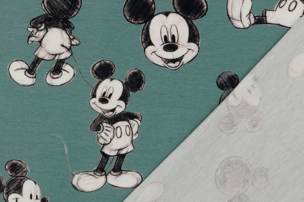 Weicher Jersey mit Mickey-Maus-Skizzenmotiv auf Grün – elastisch, bequem und ideal für kreative Kinder- und Freizeitmode. Bk7869 Baumwolljersey Micky 01 Kinderstoffe Baumwolljersey - Mickey Mouse