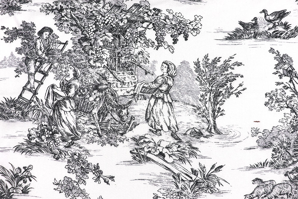 Geschmeidige, sanforisierte Viskose mit einem klassischen Toile-Motiv! Bk7939 Viskosestoff Toile De Jouy 1 Toile de Jouy Viskosestoff - Toile de Jouy - Erntezeit