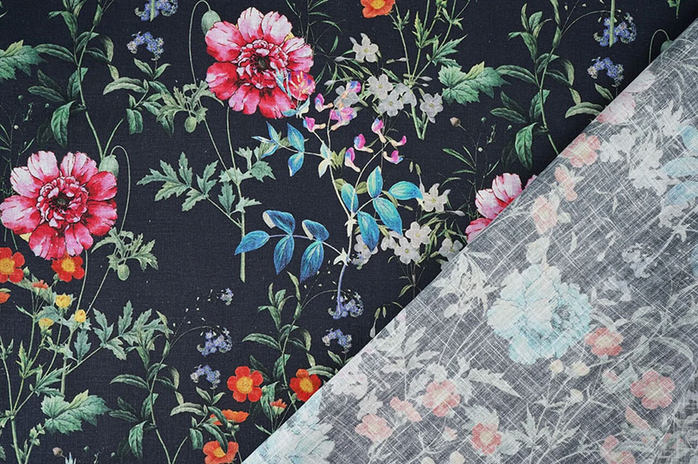 90 % Leinen, kombiniert mit einem floralen Traumdesign - ideal für natürliche DIY-Kleider, Blusen und mehr Bk7951 Baumwoll Leinen Blumen S4 Leinen Baumwoll-Leinen - Nachtwiese
