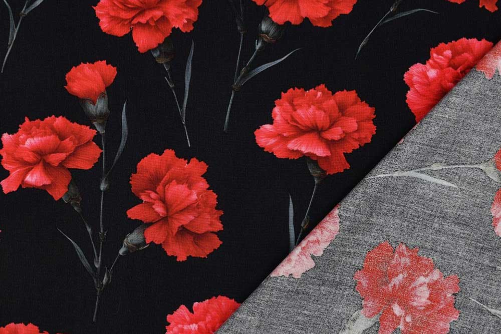 Gestochen scharfer, floraler Digitalprint auf herrlich geschmeidiger Viskose - jetzt zuschlagen! Bk7996 Viskosestoff Nelken 1 Viskose Viskosestoff Digital - Rote Nelken