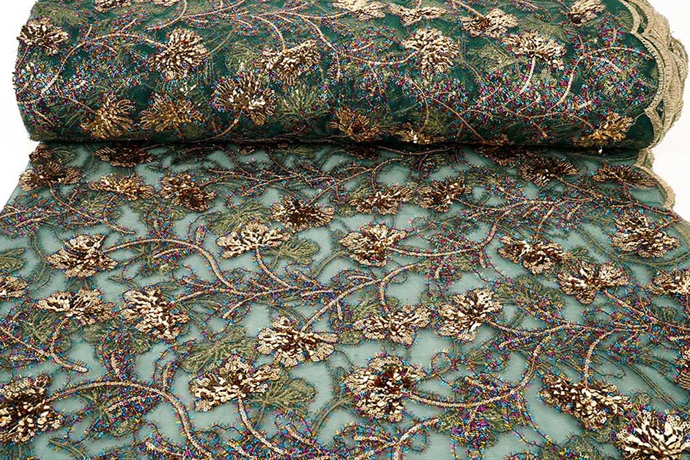 Feines Mesh mit opulenter Pailletten-Stickerei und Bordüre - Luxus und Glamour pur! Bk8009 Mesh Bestickt Gruen 2 Pailletten Stoffe Mesh bestickt - Gold-Pailletten - Grün
