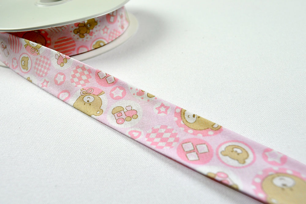 Rosafarbenes Schrägband mit niedlichem Motiv-Mix Bm1074 Schraegband Teddy Rosa Einfassband Schrägband Teddybär - 2,5/5 cm breit - Meterware - Rosa