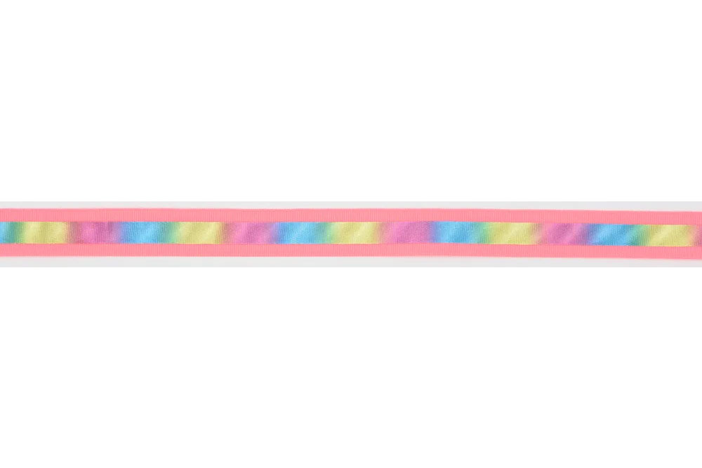 Pinkes Ripsband mit mittigem Regenbogenstreifen, der bei Lichteinfall reflektiert Bm1183 Reflektionsband Regenbogen Sonstiges Nähzubehör Reflexionsband - 20 mm - Pink Rainbow