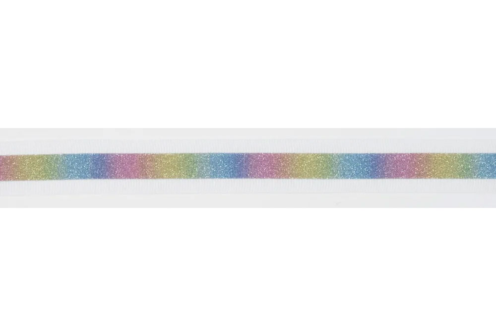 Weißes Ripsband mit mittigem Regenbogenstreifen mit Glitzereffekt, der bei Lichteinfall reflektiert Bm1184 Reflektionsband Glitzer Regenbogen  Reflexionsband - 20 mm - Glitter Rainbow