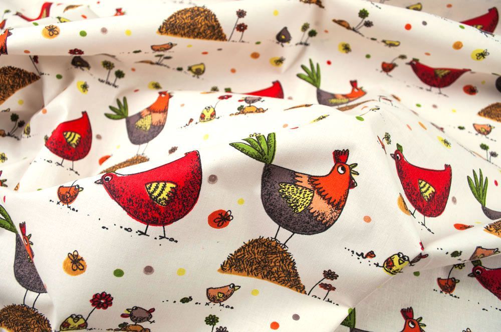 Feiner Baumwollstoff mit fröhlichen Hühnern für Heimtextilien, Kinderzimmerdeko und vieles mehr Co6153 Huehner Orange1 Kinderstoffe Baumwollstoff - Happy Chicken - Orange/Rot