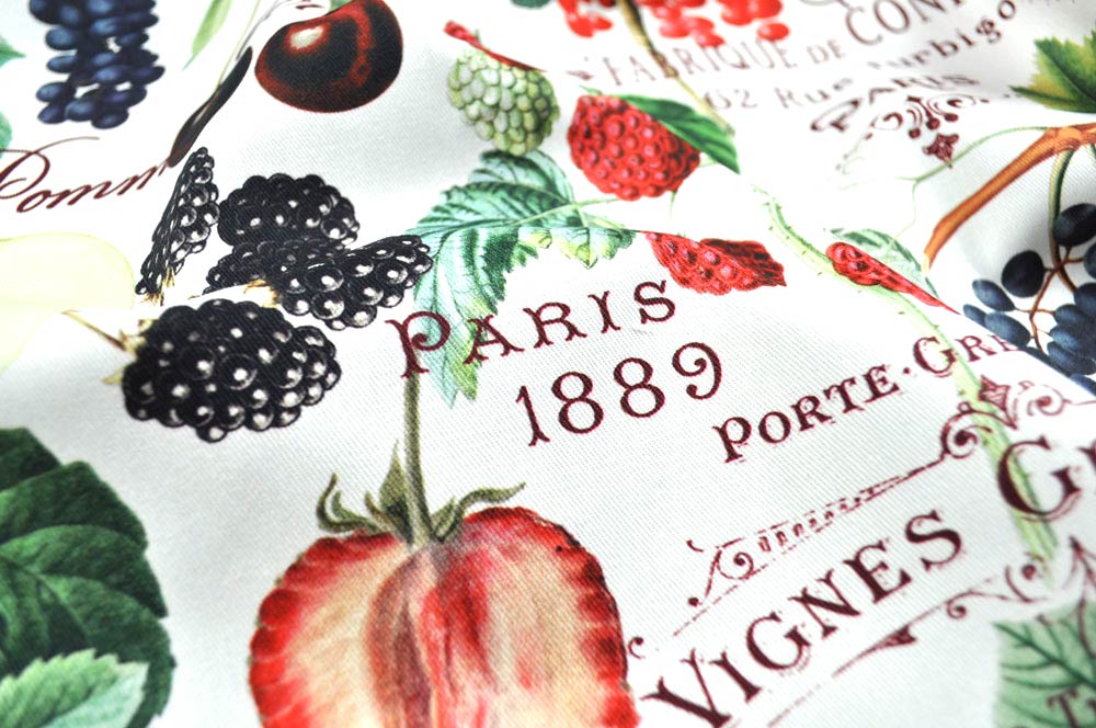 Robuster Baumwollstoff bedruckt mit buntem Obst und Schriftzügen im Vintage-Stil Co6513 Baumwollstoff Fruechte 1 Baumwolle Obst+Gem. Baumwollstoff Köper - Joies de l'été