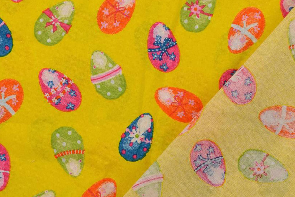 Wer sucht, wird fündig! Bunter Cretonne für Frühling und Ostern Co6768 Baumwollstoff Ostereier Gelb Kinderstoffe Baumwollstoff - Ostereier - Gelb