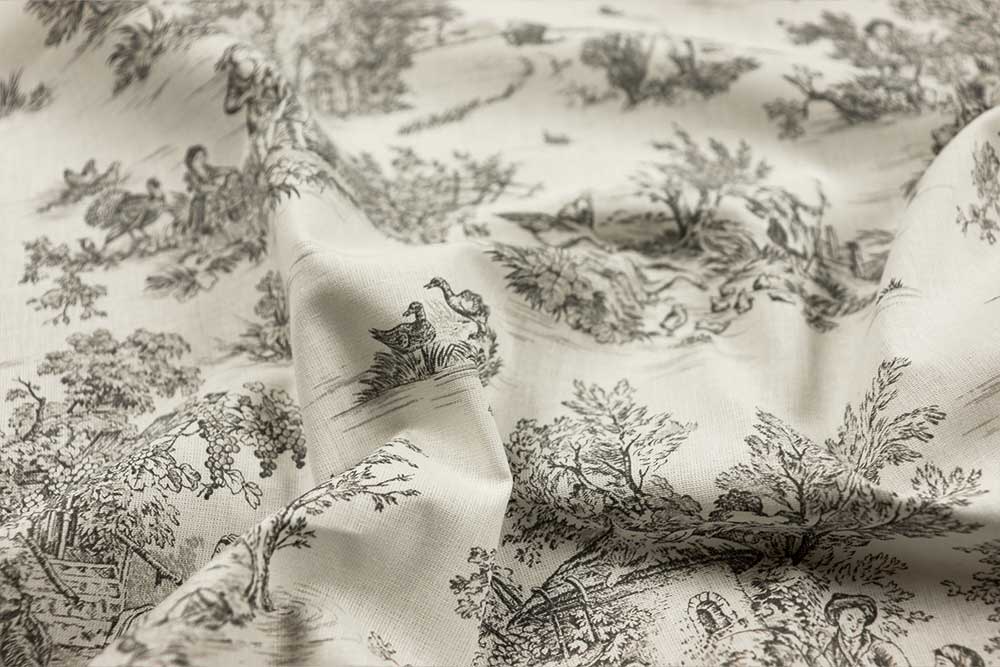 Schöner Baumwollstoff in Cretonne-Qualität mit nostalgischem Toile de Jouy Motiv in Überbreite Co6830 Baumwollstoff Toile Grau Übergardinen Baumwollstoff Toile de Jouy - 280 cm - Erntezeit - Grau