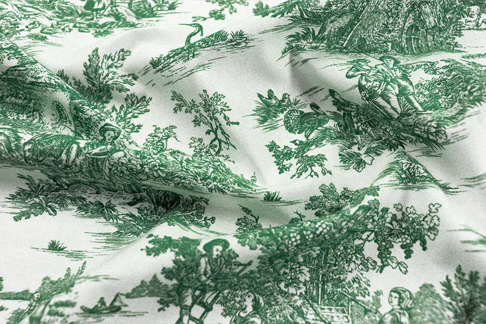 Schöner Baumwollstoff in Cretonne-Qualität mit nostalgischem Toile de Jouy Motiv in Überbreite. Co6830 Baumwollstoff Toile Grn Baumwolle Bäuerlich Baumwollstoff Toile de Jouy - 280 cm - Erntezeit - Grün