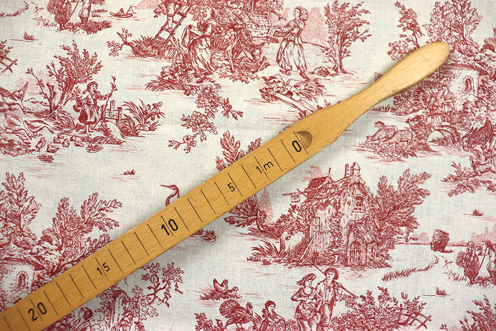 Schöner Baumwollstoff in Cretonne-Qualität mit nostalgischem Toile de Jouy Motiv Co6830 Baumwollstoff Toile Rot S4 Dekostoffe Toile de jouy Baumwollstoff Toile de Jouy - Erntezeit - Rot