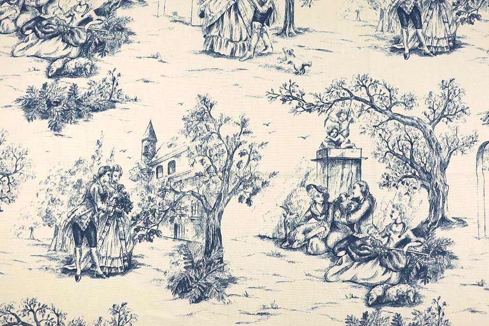 Feiner Baumwollstoff mit zauberhaft nostalgischem Motiv Co6860 Baumwollstoff Toile De Jouy S4(1) Übergardinen Baumwollstoff Toile de Jouy - Parkspaziergang - Blau