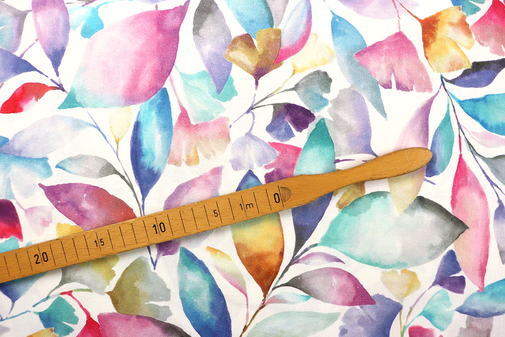 Digital bedruckter Baumwollstoff in Überbreite mit farbenfrohem Blätter-Design Co6893 Dekostoff Aquarell Blaetter S4  Baumwollstoff Digital - Bunte Aquarell-Blätter - 280 cm