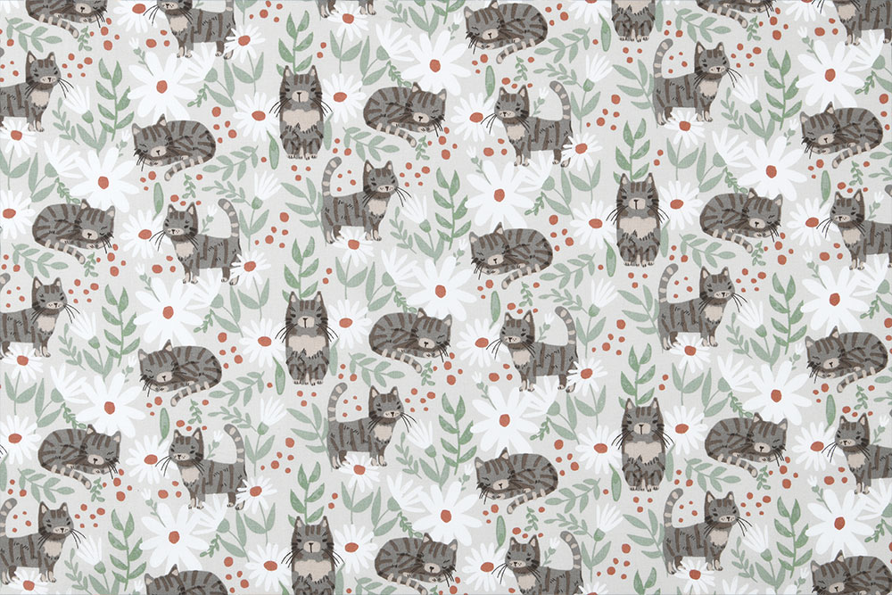 Verspielter Baumwollstoff mit Katzen zwischen Blumen und Blättern – ideal für kreative Projekte mit Charme. Co6913 Baumwollstoff Daisycats Details Baumwolle Tiere Baumwollstoff - Daisy Cats