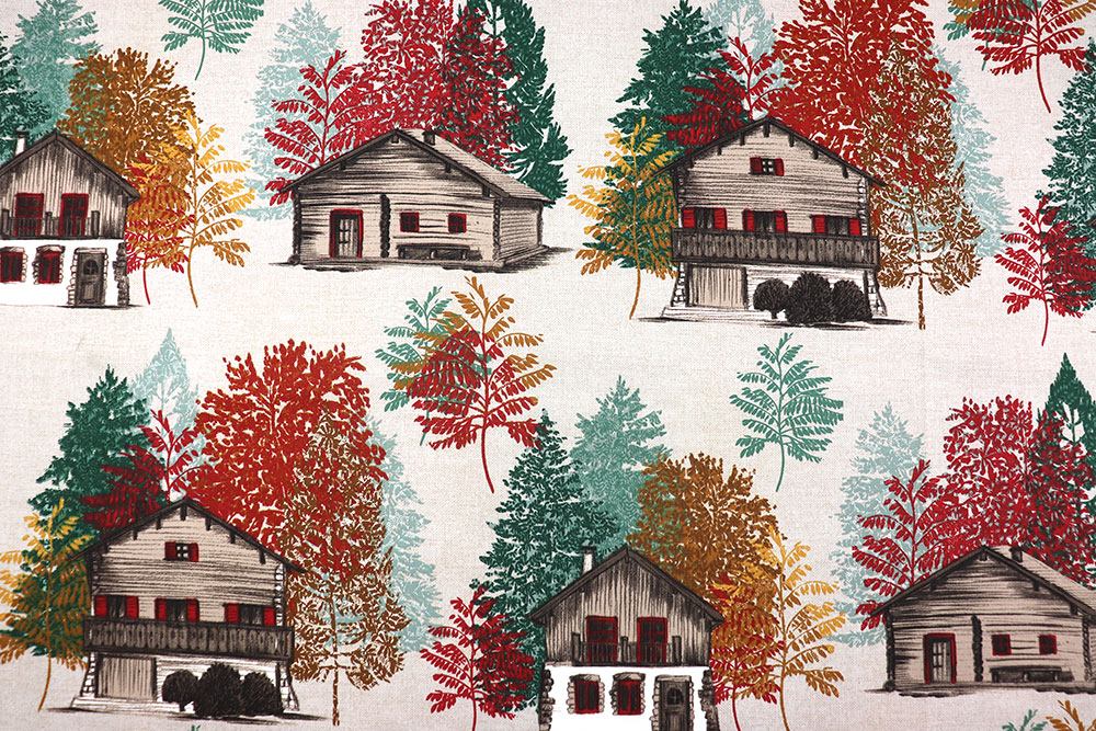 Köper aus reiner Baumwolle mit detailreichem Print - stimmungsvoll und farbintensiv! Co6954 Baumwollstoff Blockhuette S4 Dekostoffe Landhaus Baumwoll-Dekostoff - Ferienhaus