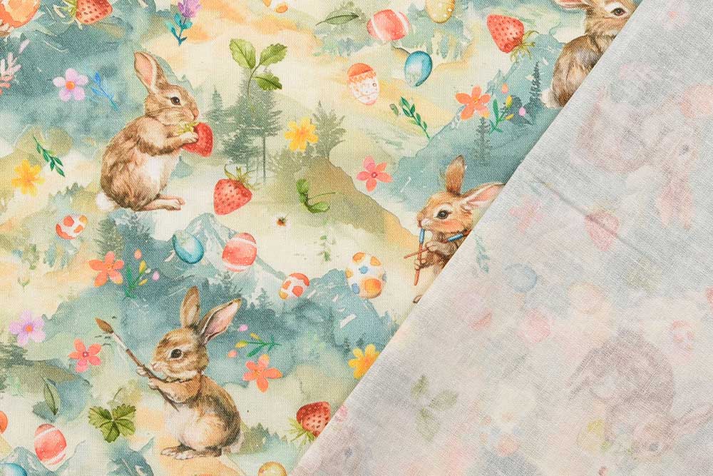 Digital bedruckte Baumwolle mit einem mega knuffigen Design, das nicht nur zu Ostern Freude bringt! Co6974 Baumwollstoff Osterhase Ostern Baumwollstoff Digital - Häschen in der Osterwelt