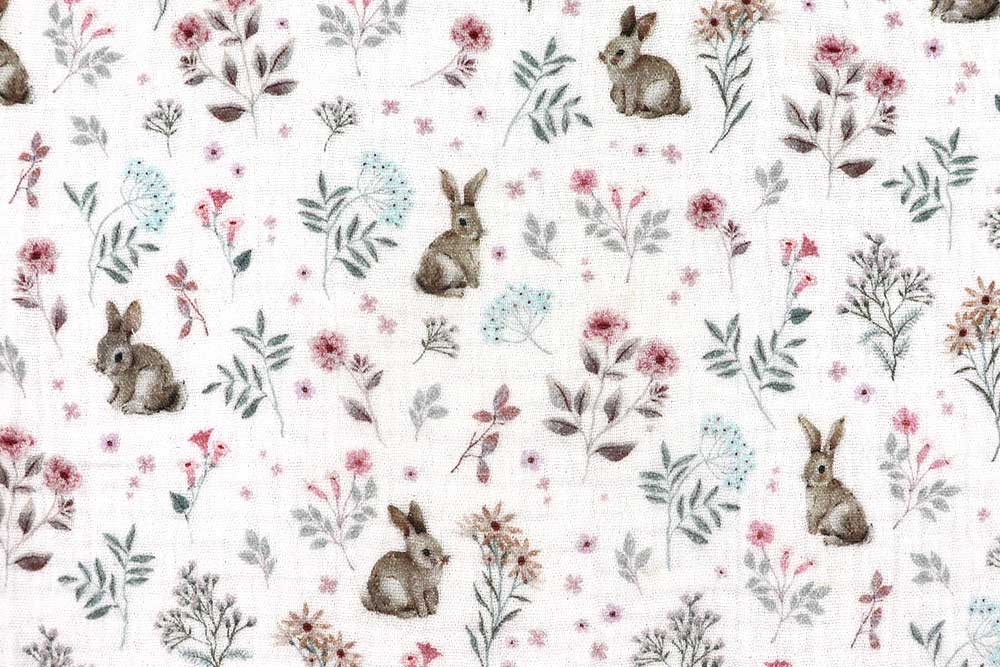 Süßer Osterstoff mit Hasen und Blumen – perfekt für frühlingshafte Nähideen und liebevolle Deko. Co7001 Musselin Easter Bunny 1 Musselin Stoffe Musselin - Easter Bunny