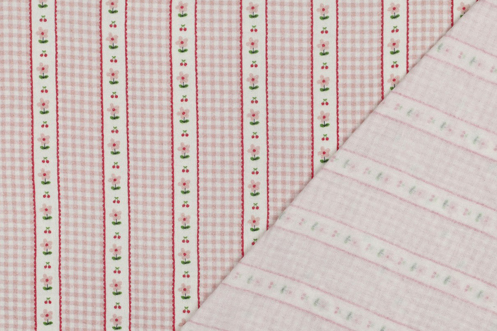 Romantischer Stoff mit Vichy-Karo, Blüten und kleinen Kirschen – perfekt für verspielte Nähideen. Co7005 Musselin Vichykirschblueten S4y Baumwolle Kinder Musselin - Kirschblüten Vichy - Rosa