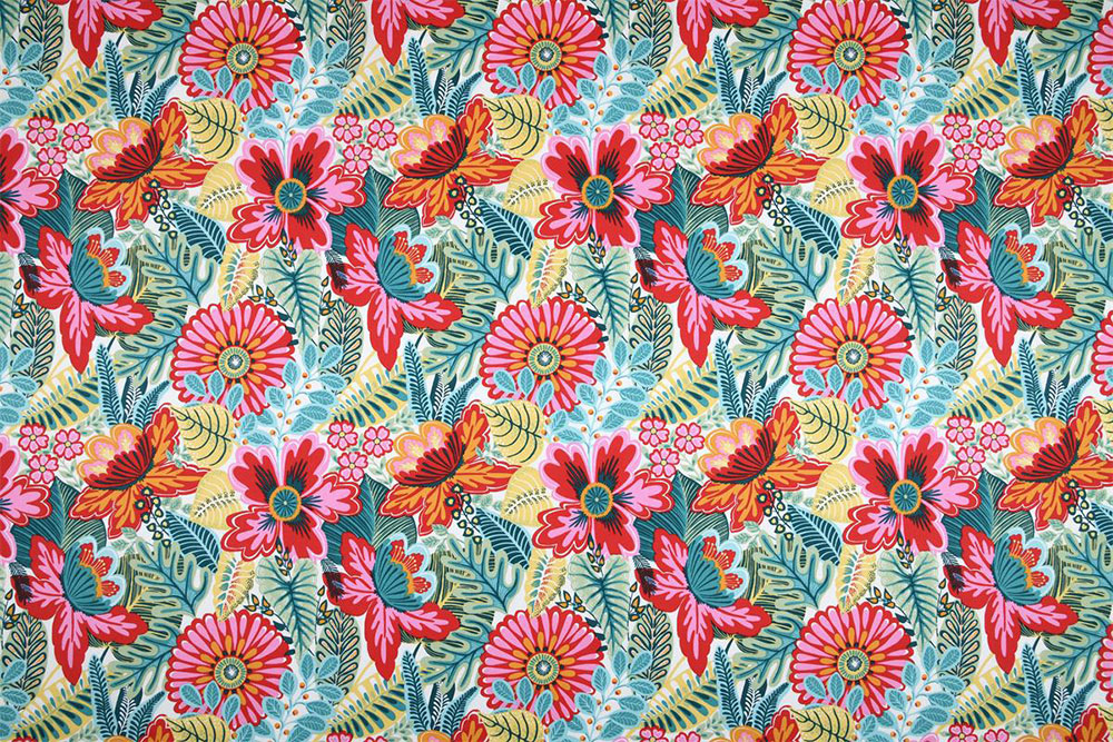 Feiner Cretonne aus reiner Baumwolle mit knallig buntem Tropen-Design Co7008 Baumwollstoff Bunte Tropen Baumwolle Blumen Baumwollstoff - Kiriba