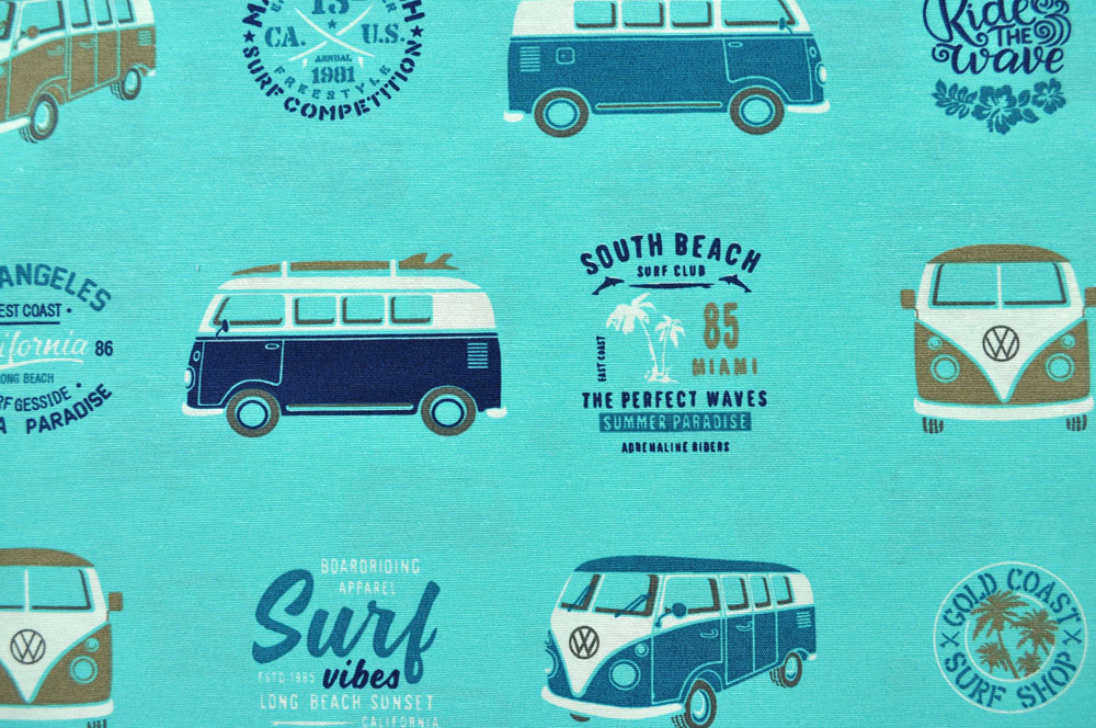 Toller Dekostoff mit coolen Bully-Motiven im Surfer-Look Ds1796 S4y Dekostoffe Retro Dekostoff - California Bully