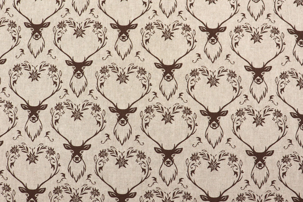 Toller Dekostoff mit detailreichem Hirschmotiv - ideal für Dekorationen, Taschen und Kleidung im Landhausstil! Ds1942 Dekostoff Leinenoptik Rehherz S4y in Wald / Wiese Dekostoff Leinenoptik - Hirschherz