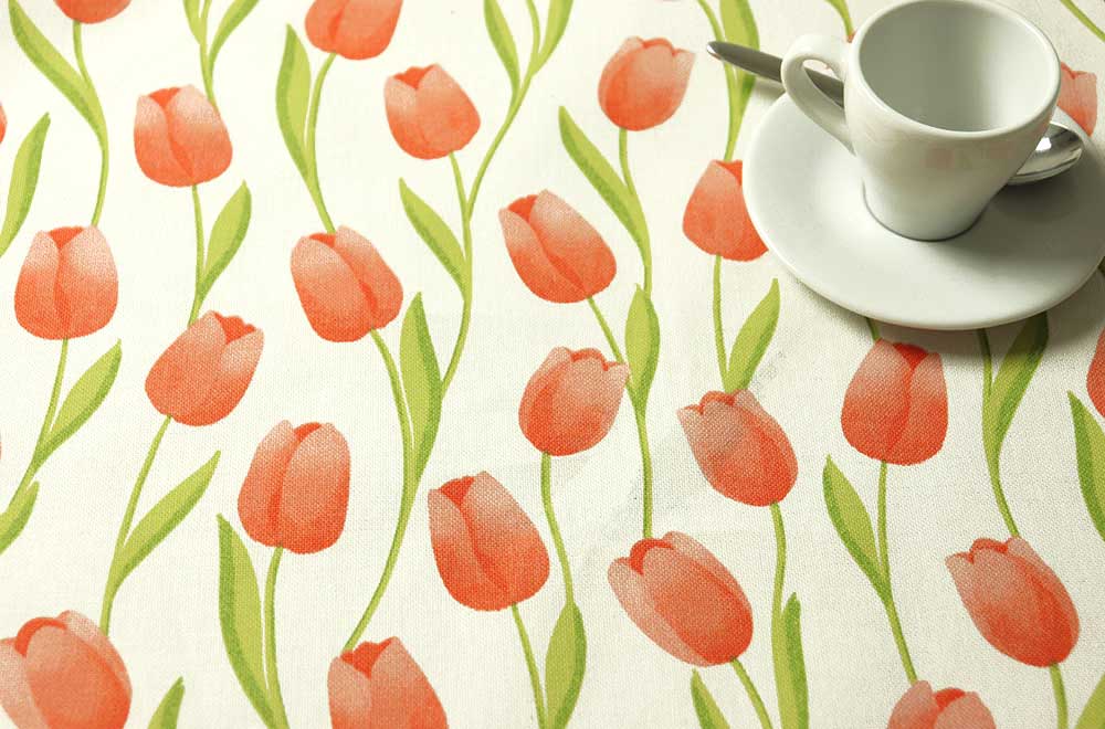 Eleganter Dekostoff mit roten Tulpen auf hellem Hintergrund Ds1951 Dekostoff Tulpen S4 Blumen u. Pflanzen Dekostoff - Tulpen-Traum