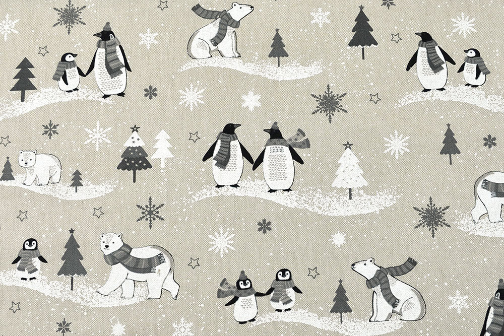 Lassen Sie die süßen Eisbären und niedlichen Pinguine in Ihr Zuhause und dekorieren Sie passend zum Winter! Ds2392 Dekostoff Leinenoptik Eisbaer Pinguin S4 Weihnachten Tiere Dekostoff Leinenoptik - Freunde vom Polarkreis