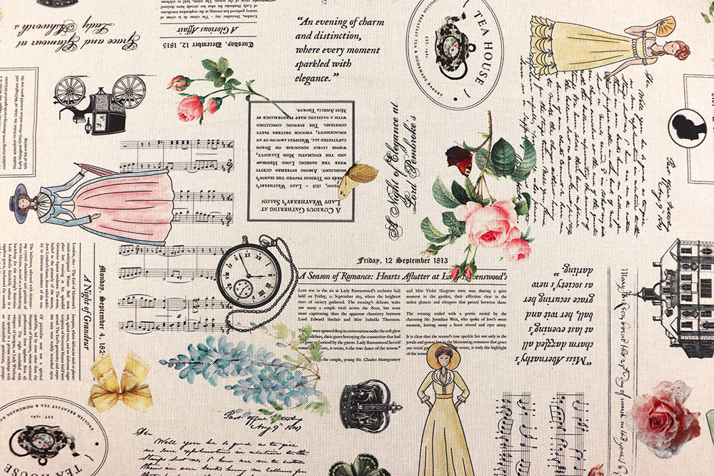 Romantischer Baumwollstoff mit viktorianischen Illustrationen, Schriftzügen und floralen Akzenten – perfekt für stilvolle Dekoideen. Ds2524 Dekostoff Viktorianisch Tea House Dekostoffe NEU  Dekostoff Premium - Victorian Letters