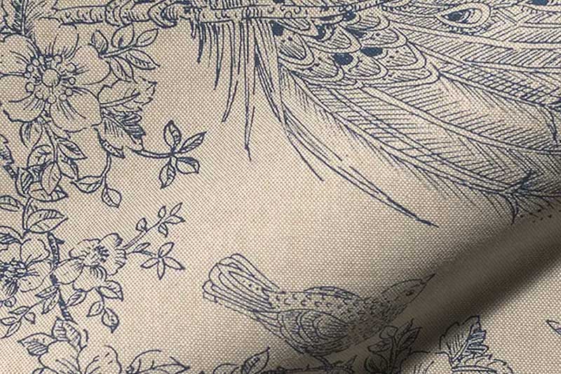 Nostalgie pur - kombiniert mit dem tierischen Charme von Vögeln - zum Träumen! Ds2534 Dekostoff Toile De Jouy Pfau Dekostoffe NEU  Dekostoff Leinenoptik - Toile de Jouy - Pfau