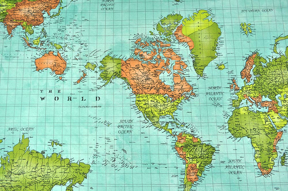 Dieser Stoff hilft beim Träumen von einer Weltreise - verwandeln Sie mit überbreiter Ware komplette Zimmer in einen Atlas! Ds3225 Dekostoff Ueberbreit Weltkarte S4 Übergardinen Dekostoff - Weltkarte - 280 cm