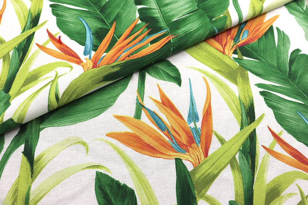 Farbenfrohe Strelizien, satte Palmblätter, praktische Überbreite - Premium-Ware aus reiner Baumwolle! Dekostoff Tropisch Dschungel(1) Gemusterte Stoffe Baumwoll-Dekostoff - Tropic Jungle - 280 cm