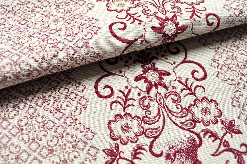Schön gestreifter Stoff in hochwertiger Webart Ds5757 Dekostoff Jacquard Landhaus Streifen Beige Bordeaux Streifen - 280 cm Dekostoffe Jacquard-Stoff - Landhaus-Streifen - 280 cm - Beige/Bordeaux