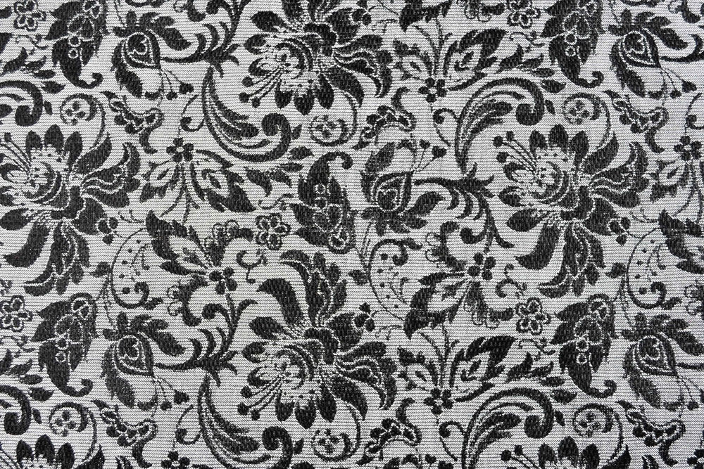 Zweiseitig einsetzbarer Jacquard-Dekostoff ideal für wahrhafte Meisterstücke  Ds5934910 Dekostoff Jacquard Blueten Silber Schwarz S4y Taschenstoffe Floralia - Blüten-Jacquard zweiseitig - Silber/Schwarz