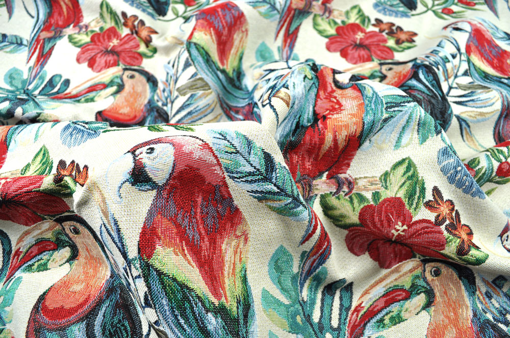 Hochwertiger Jacquard mit eingewebten Papageien, Tukanen und Blüten - Exotik pur! Ds5950 Jacquard Papagei S4 Jacquard Dekostoff Jacquard - Papagei
