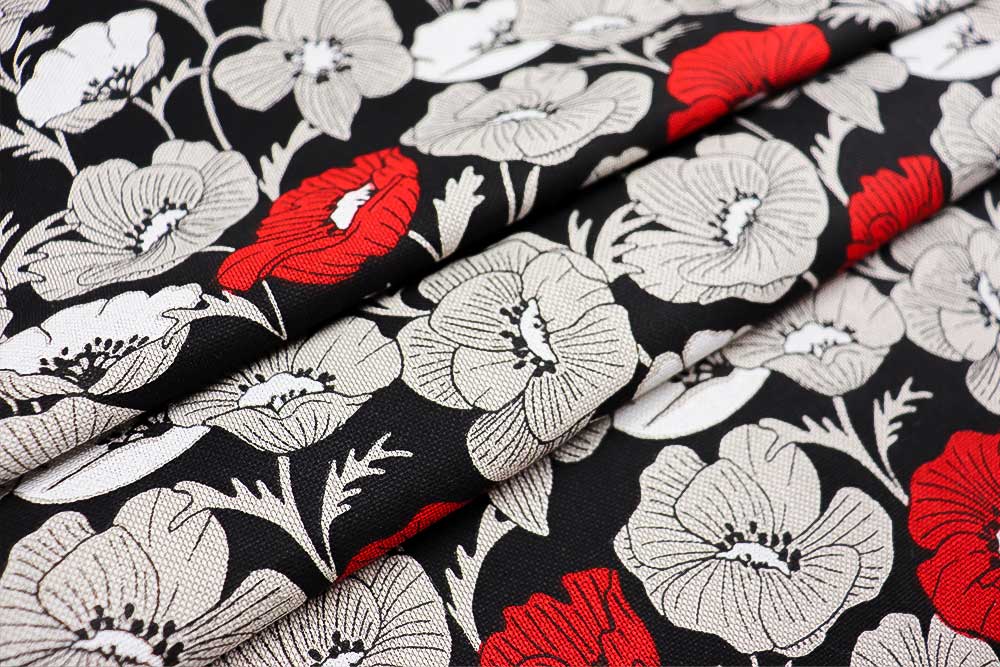 Dekostoff mit Mohnblüten auf dunklem Hintergrund – perfekt für eine elegante und doch florale Gestaltung. Ds6275 Dekostoff Mohn 01 Dekostoffe Blumen Dekostoff Leinenoptik - Mohnzauber