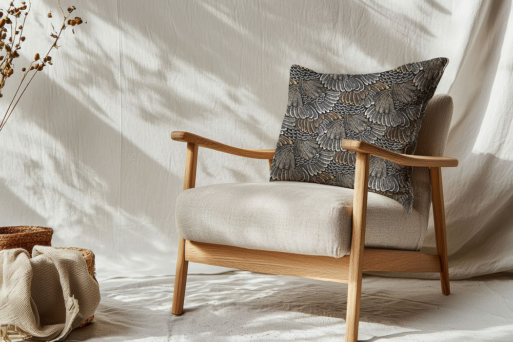 Ein eleganter Dekostoff mit kunstvollem Federdesign – perfekt für stilvolle Wohnakzente. Ds6308 Dekostoff Milano Feather Dekostoffe Ornamente Dekostoff - Milano Feather