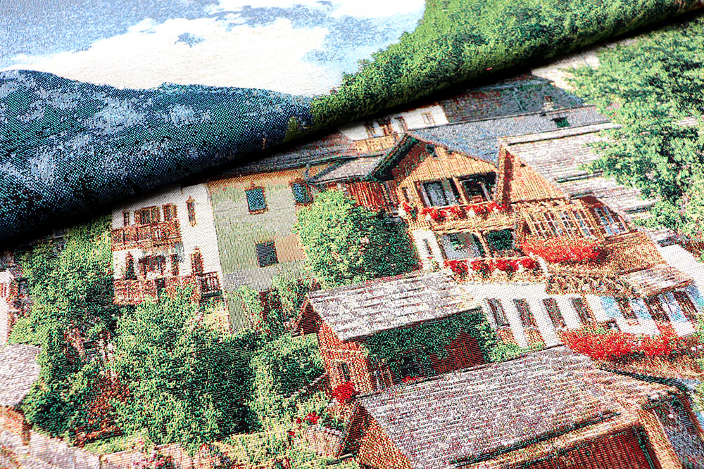 Verwandeln Sie Ihr Zuhause in ein Bergdorf! Extrem detailliert gewebter Stoff im Großformat Ds6336 Gobelin Stoff Panel Hallstatt Dorf See Gobelin NEU Gobelin-Panel - Bergdorf - 134 x 88 cm
