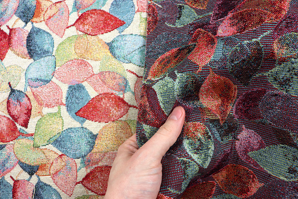 Bunt gewebter, farbenfroher Gobelin mit hohem Baumwollanteil - ein robuster Dekostoff für neue DIY-Projekte! Ds6340 Gobelin Blaetter S4 Dekostoffe NEU  Gobelin - Bunte Blätter