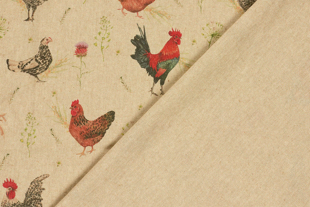 Digital bedruckter Stoff in Leinenoptik, der Sie auf eine Farmtour mitnimmt Ds6370 Dekostoff Huhn auf dem Bauernhof Dekostoff Leinenoptik - Huhn und Hahn