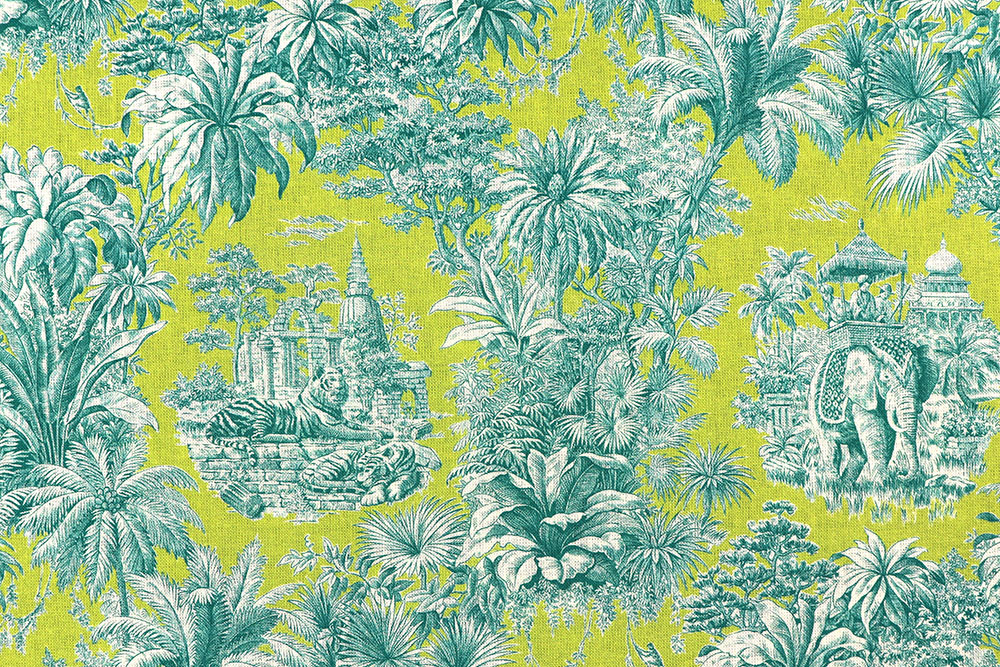 Toile de Jouy mal anders: Edler Cretonne mit Ethno-Motiv in verrückter Farbkombi! Ds6373 Baumwollstoff Toile De Jouy Gelb Gruen S4 Dekostoffe Toile de jouy Baumwollstoff - Toile de Jouy - Mayani Green