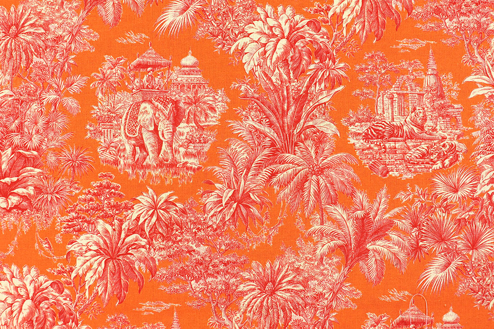 Toile de Jouy mal anders: Edler Cretonne mit Ethno-Motiv in verrückter Farbkombi! Ds6373 Baumwollstoff Toile De Jouy Orange Pink S4 Weltweit Baumwollstoff - Toile de Jouy - Mayani Orange