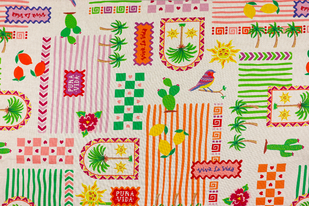 Dekostoff in hochwertiger Leinenoptik mit farbenfrohem Mittelmeer-Design aus Zitronen, Palmen, Kakteen und grafischen Mustern Ds6388 Dekostoff Vivalavida S4y Taschenstoffe Dekostoff Premium - Viva la Vida