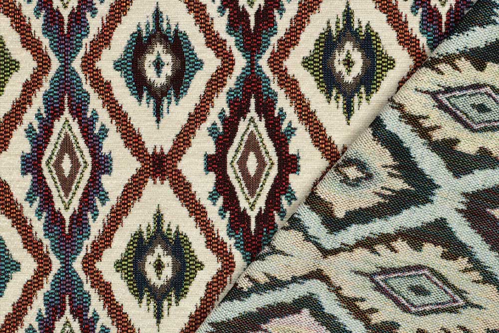 Hochwertiger Chenille-Gobelin mit farbenfrohem Ethno-Rautenmuster. Ideal für Polster, Kissen, Taschen und Dekorationen. Ds6392 Gobelin Boho Rauten Gobelin NEU Chenille Gobelin - Boho Diamonds