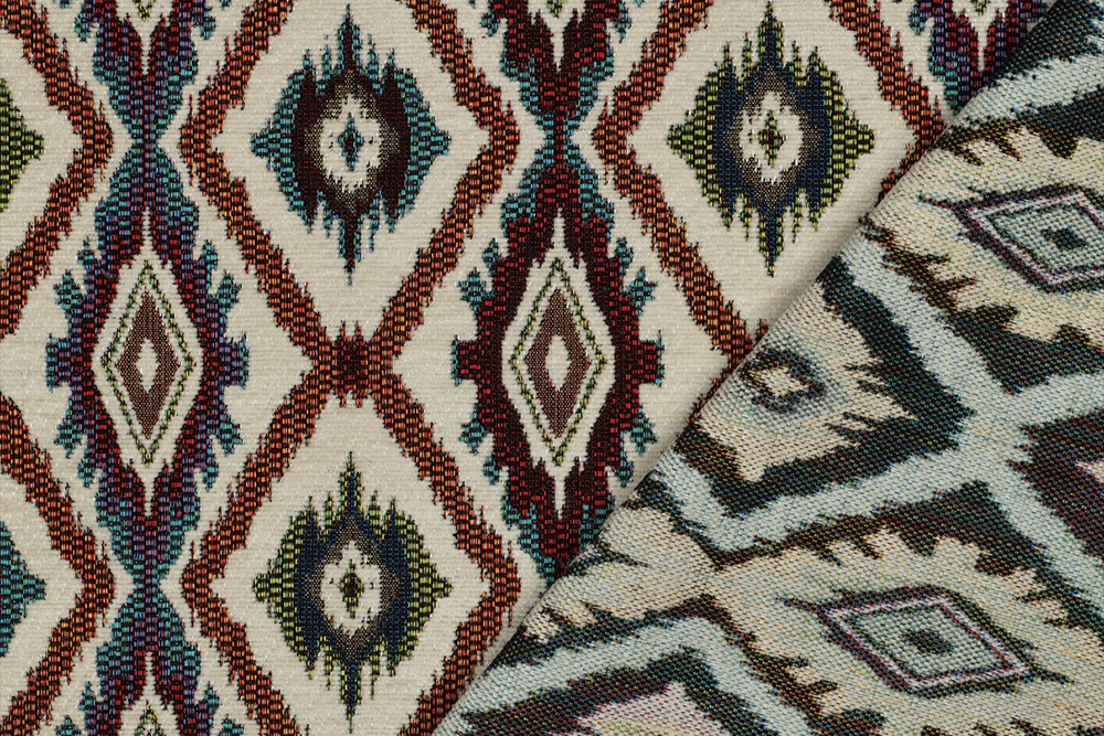 Hochwertiger Chenille-Gobelin mit farbenfrohem Ethno-Rautenmuster. Ideal für Polster, Kissen, Taschen und Dekorationen. Ds6392 Gobelin Diamondboho Details Gobelin geometrisch Chenille Gobelin - Boho Diamonds