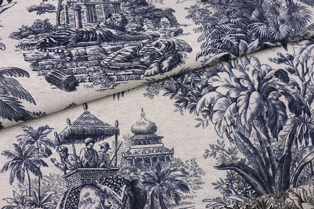 Rustikaler Dekostoff mit Leinenanteil und stimmungsvollem Ethno-Toile-Motiv Ds6399 Dekostoff Leinen Toile De Jouy Dekostoffe Leinen Dekostoff Leinen - Toile de Jouy - Marani