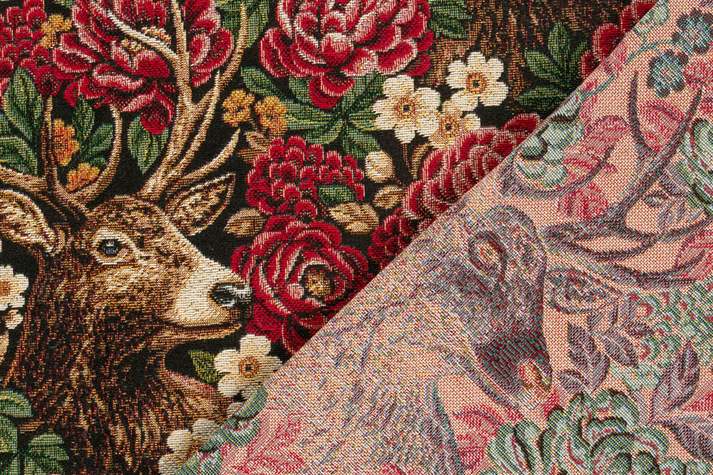 Gemütlicher Landhaus-Charme auf schwerem, edlen Gobelin - floral und tierisch gut! Ds6419 Gobelin Hirsch Blumen Gobelin Blumen Gobelin - Blüten und Hirsche
