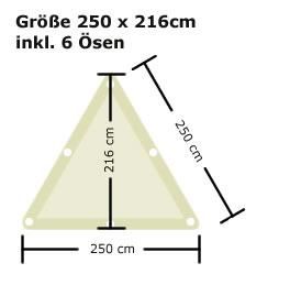 Fertiges Segeltuch aus Canvas, ohne störende Zwischennaht, mit Verstärkungsband und Eck-Ösen Dreieck Segeltuch Sand Dreieck gleichseitig Fix Fertig Segeltuch Dreieck - gleichseitig 250 x 216 cm - 6 Ösen - Sand