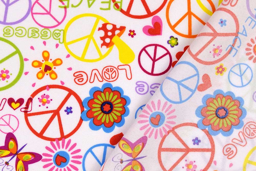 PEACE! Retro-Allroundtalent für Kostüme, Deko und vieles mehr Fn1303001 Universalstoff Comic Weiss Universal bis 140cm Universalstoff - Hippie - Weiß/Bunt