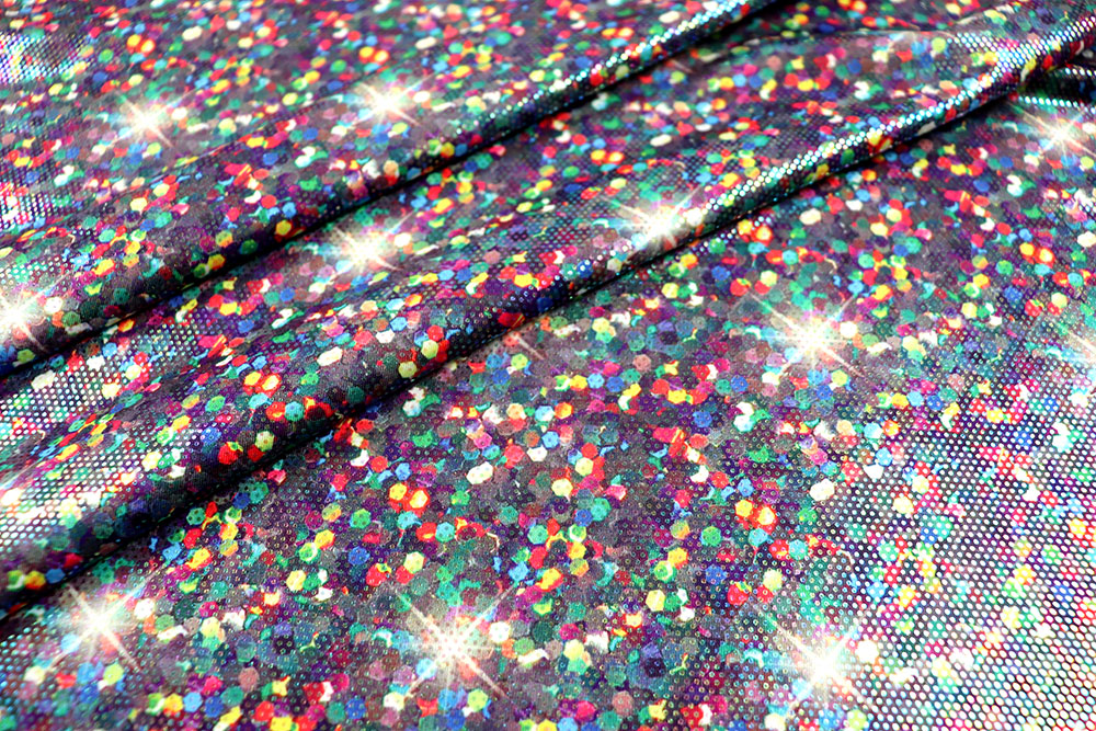 Super stretchiger Stoff mit Glanzeffekt - ein Eye-Catcher für Kostüme, Tanzsport und vieles mehr! Fn1307 Tanzkleiderstoff Konfetti Fasnacht Stoffe bunt Tanzkleiderstoff Hologramm - Rainbow Confetti